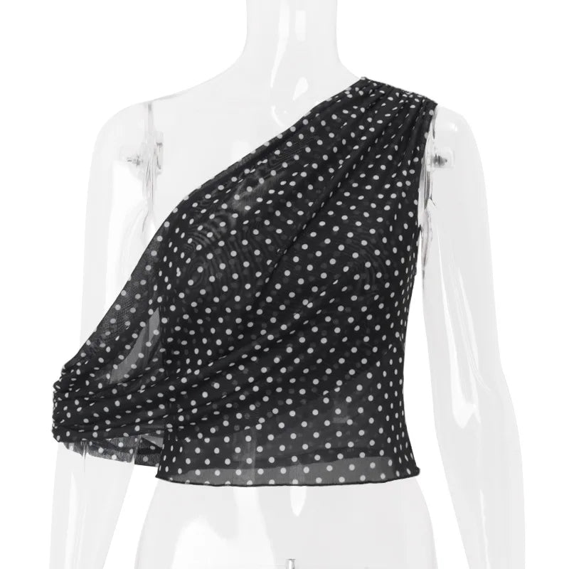 Women's Chiffon Polka Dot Summer Outfit Cropped Asymmetrical Basic Top