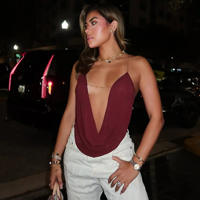 Women's Leopard Print Draped Cami Top - Deep V Neck Chain Detail Backless Crop Top