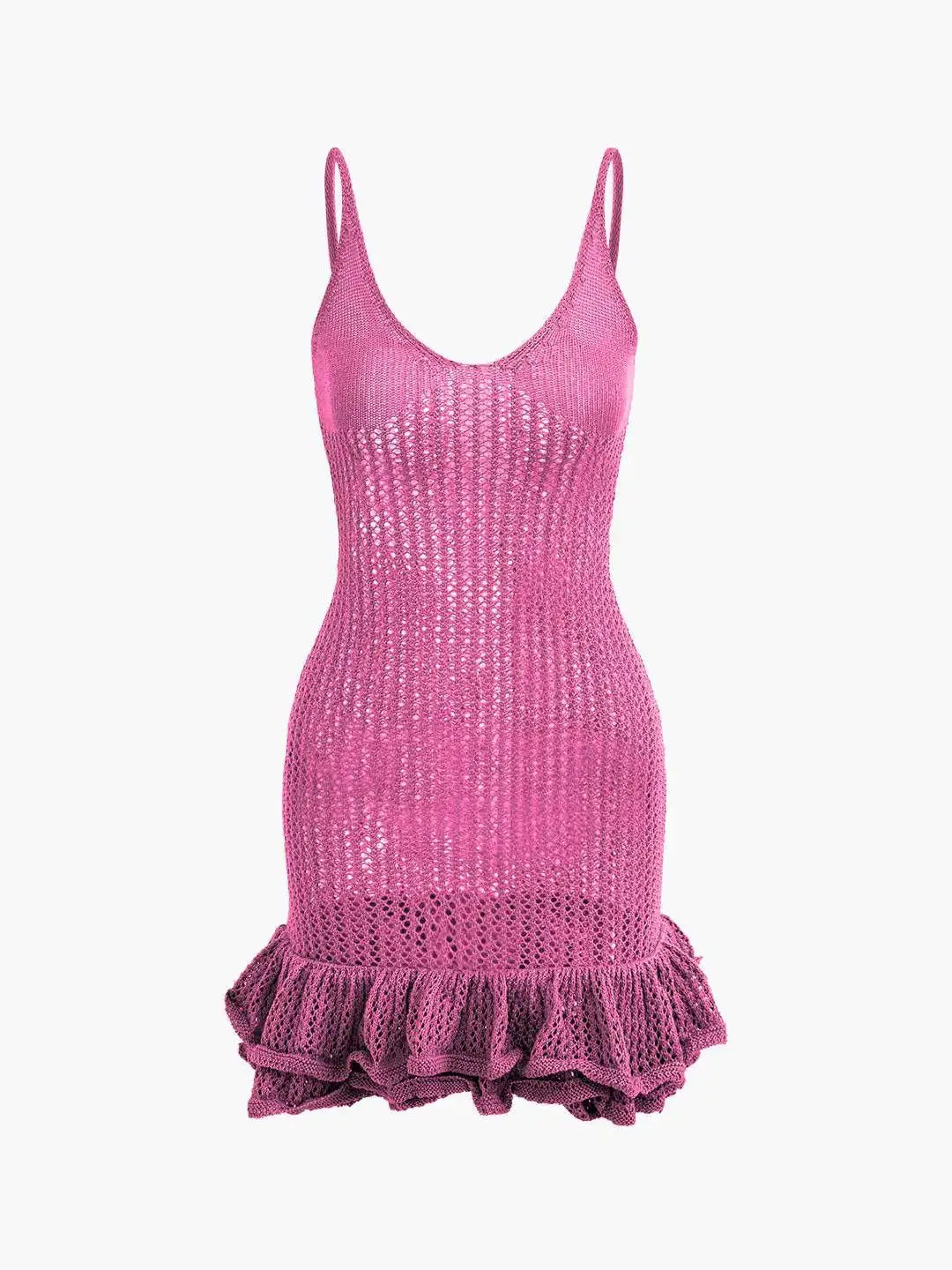 Women's Crochet Knit Mini Dress - Sleeveless Ruffle Hem Cover Up