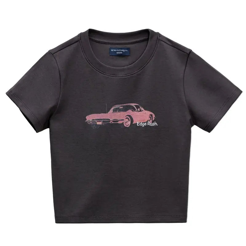 Women's Vintage Racing Print Crop Top - Y2K Style Short Sleeve Tee