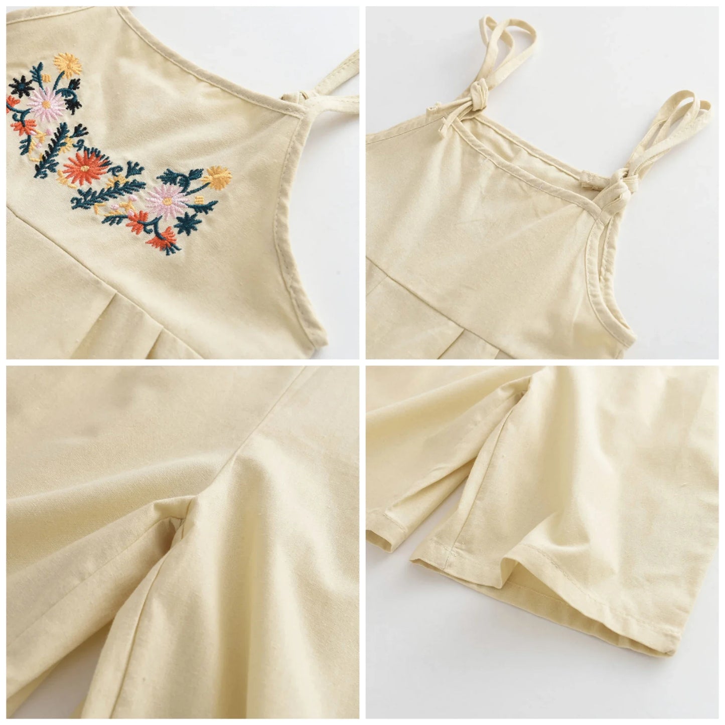 Girls Summer Overalls - Embroidered Flower Sling Cotton Pants