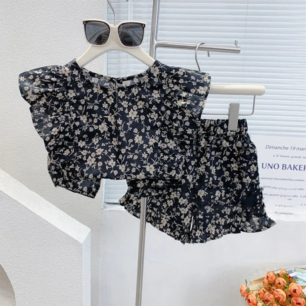 Girls Summer Feather Outfit Set - Sleeveless Top & Bandage Shorts