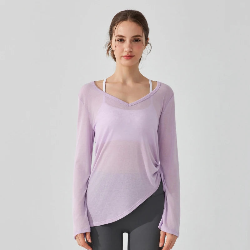 Women's Loose Running Top Long Sleeve Yoga Shirt V-Neckline Workout Blouse Sportswear Workout Clothes