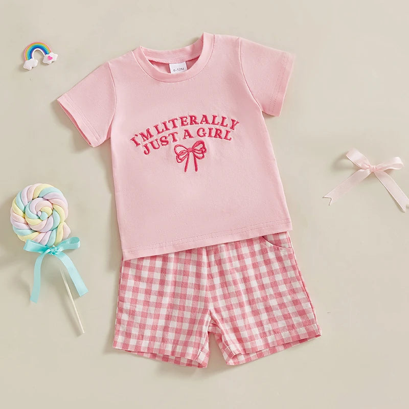 0-4Y Kids Girls Summer Clothes Sets 2pcs Outfits Short Sleeve Letter Bow Embroidery T Shirts Plaid Shorts Sets