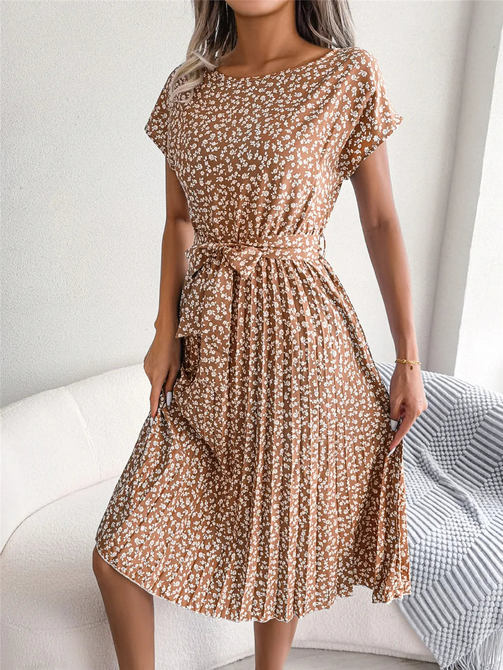 Women's Floral Pleated A Line Long Spring Summer Short Sleeve High Waist Chic Dress