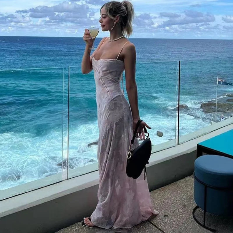 Women's See Through Spaghetti Maxi Plunge Off Shoulder Floral Mesh Patchwork Long Dress