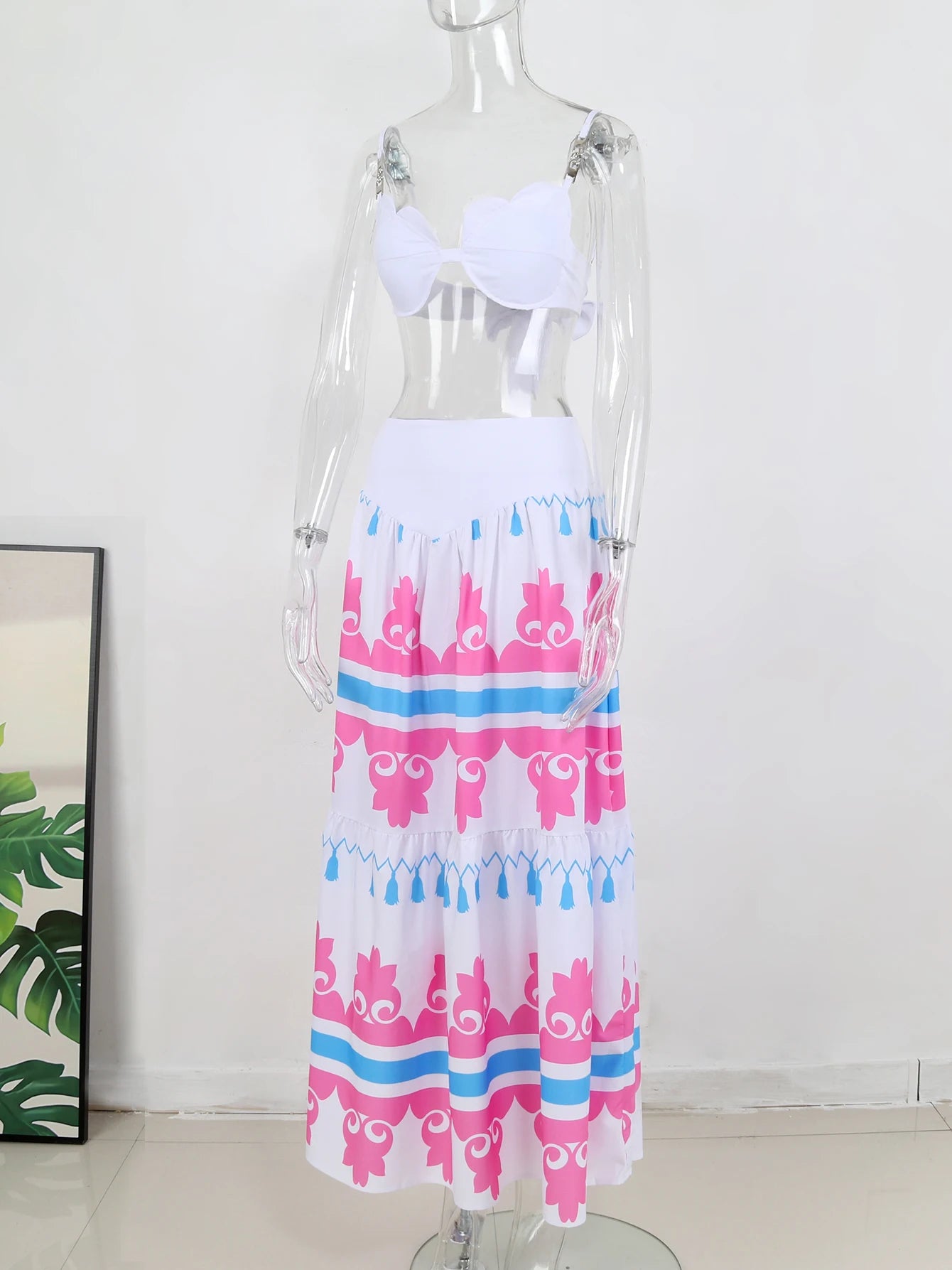 Women's Print Beach Two Piece Skirt White Bra High Waist A-line Long Skirt Beach Set