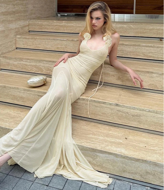 Women's Floral Applique  Maxi Summer Halter Neck Plunge Backless Mesh Sheer Dress