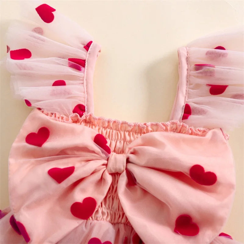 Little Girls' Princess Tulle Dress - Heart Print Ruffles 3D Bow Mesh Tutu