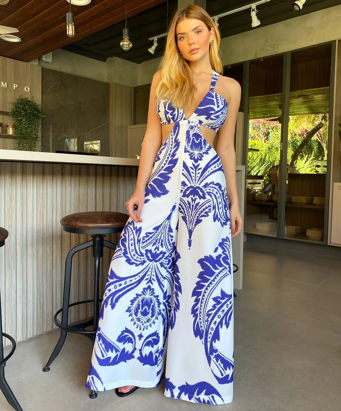 Women's Halter Sleeveless V-neck Waist Wide Leg Long Jumpsuit