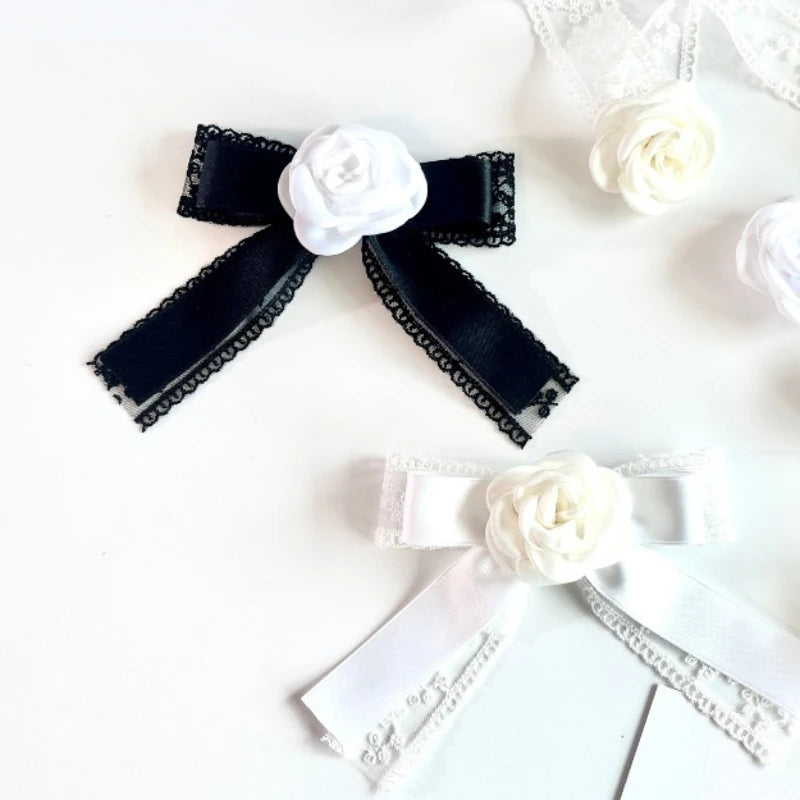 Elegant Black Lace Bow Tie Brooch - Camellia Flower Lapel Pin