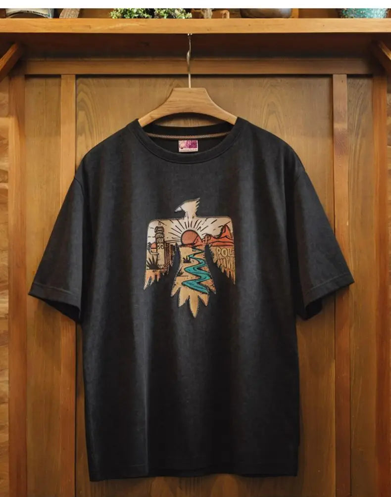 Women's Retro Thunderbird Print T-Shirt - Heavyweight Embroidered Tee