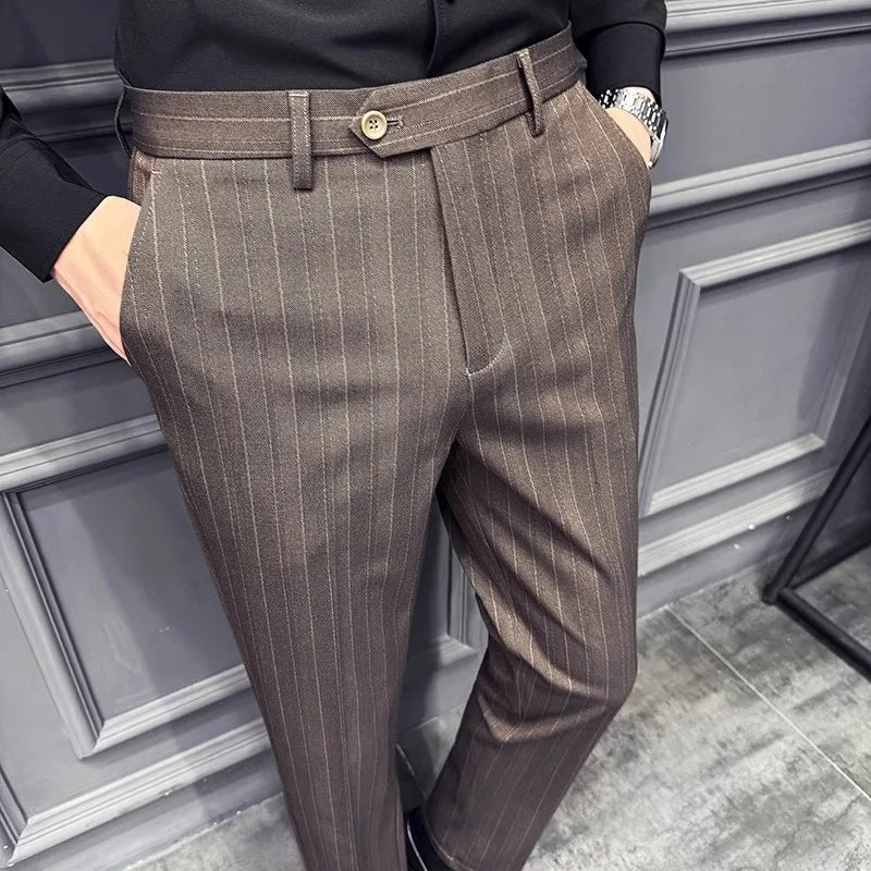 Men's Striped Suit Pants - Smart Casual Straight Trousers for Office & Wedding
