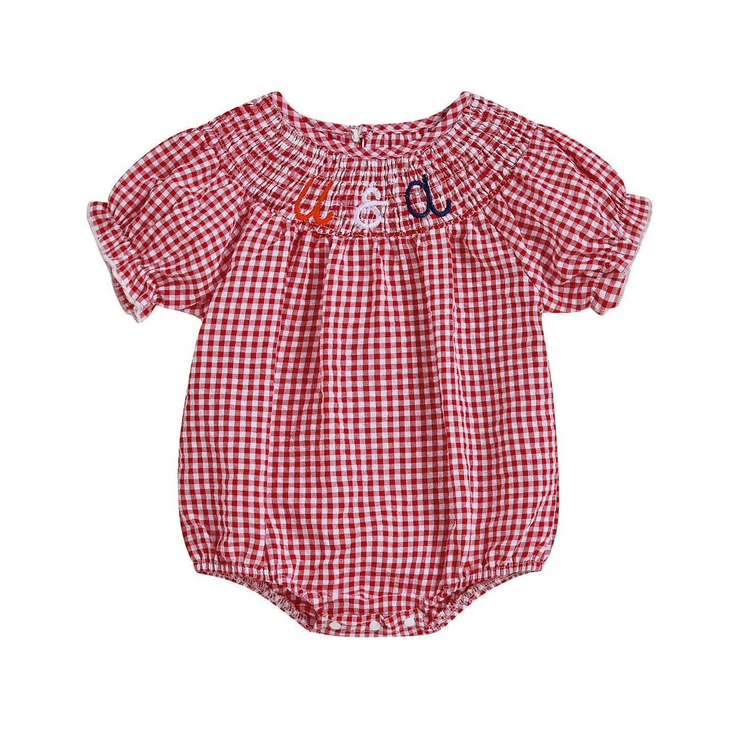 Baby Girls Independence Day Rompers - 3 Colors Letter Embroidery Plaid Print Short Sleeve Jumpsuits