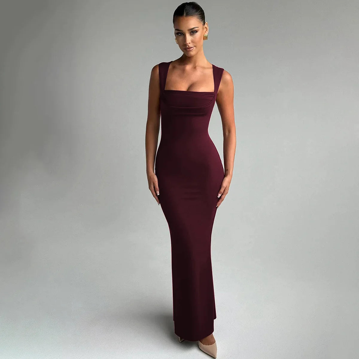 Women's Square Neck Elegant Maxi Outfits Sleeveless Bodycon Dress