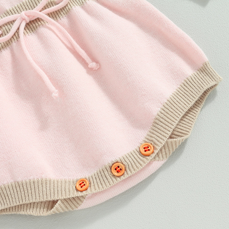 0-24M Baby Girls Romper Long Sleeve Flower Embroidery Drawstring Knit Sweater Jumpsuit