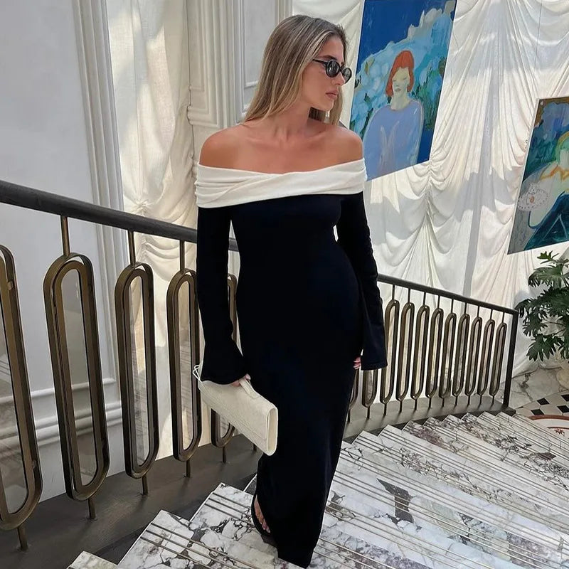 Women's Elegant Off Shoulder Long Sleeve Maxi Party Bodycon Dress