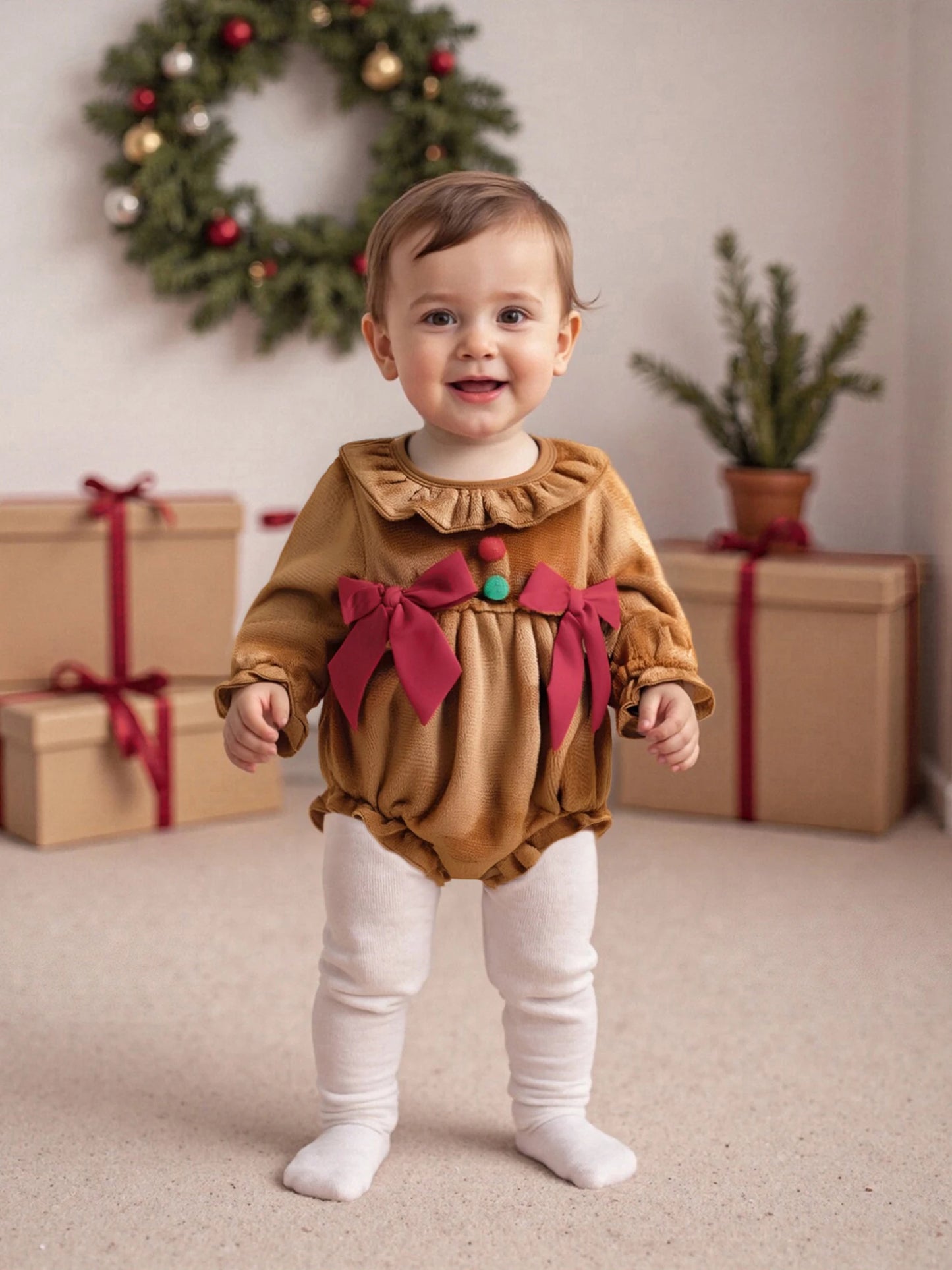 Baby Girls Christmas Romper - Plush Gingerbread Costume with Bow Detail