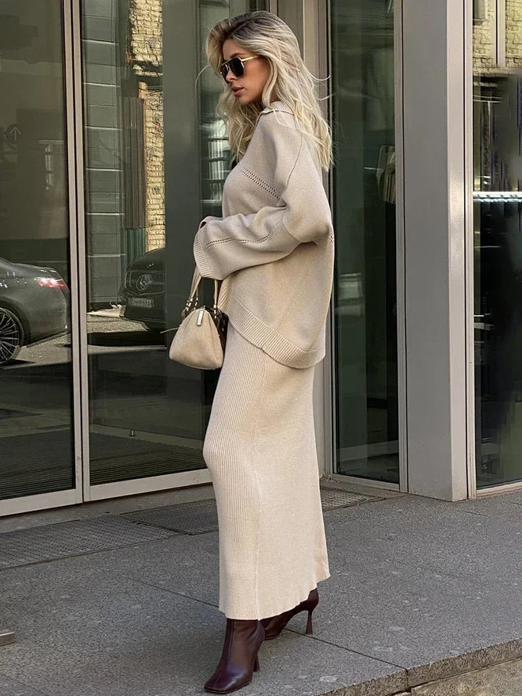 Women's Loose Sweater V-Neck Knit Pullover Top and Long High Waist Skirt 2 Piece Set