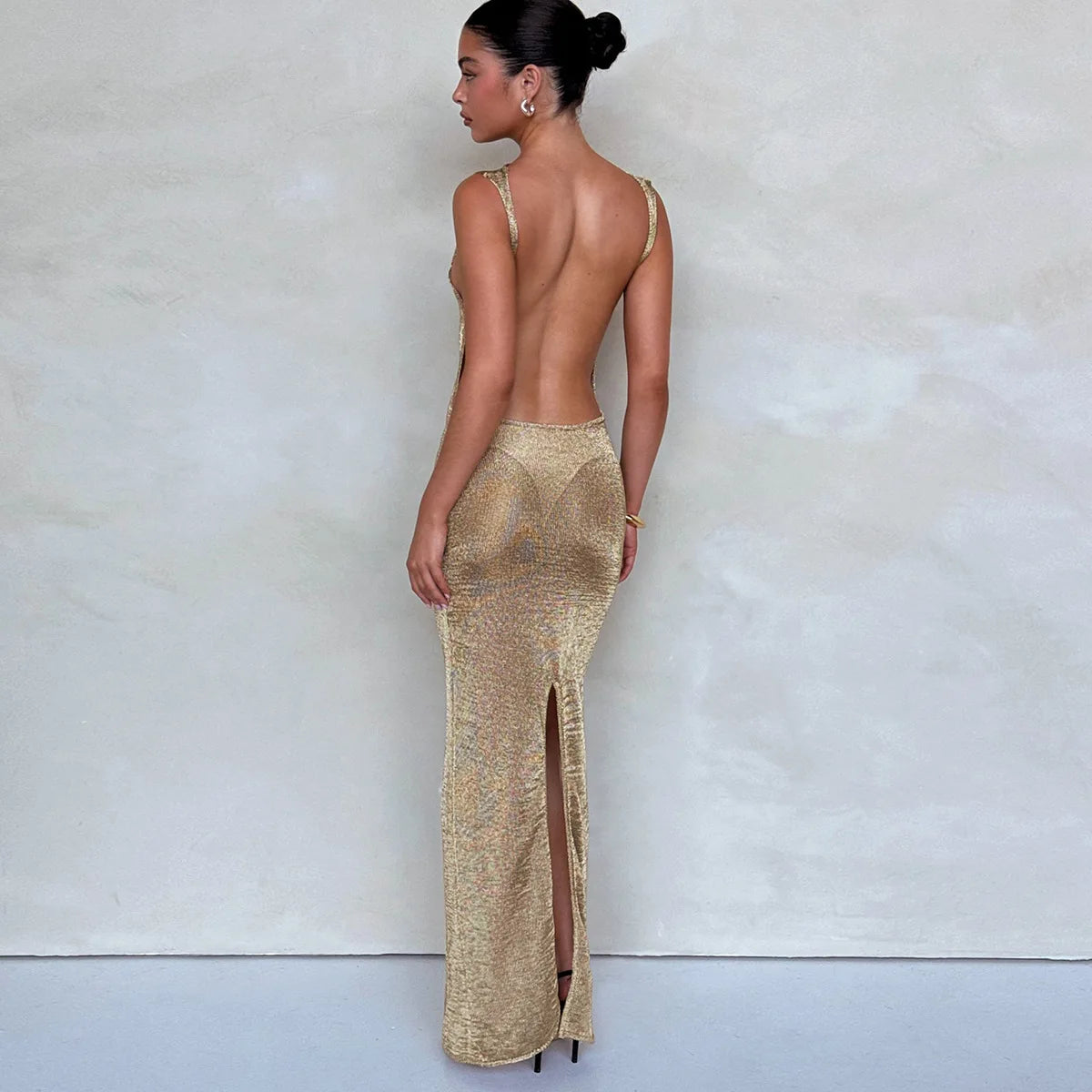 Women's Backless Slit Knit Maxi Split Slim Naked Waist Hollow Out Cover Up Summer Beach Dress