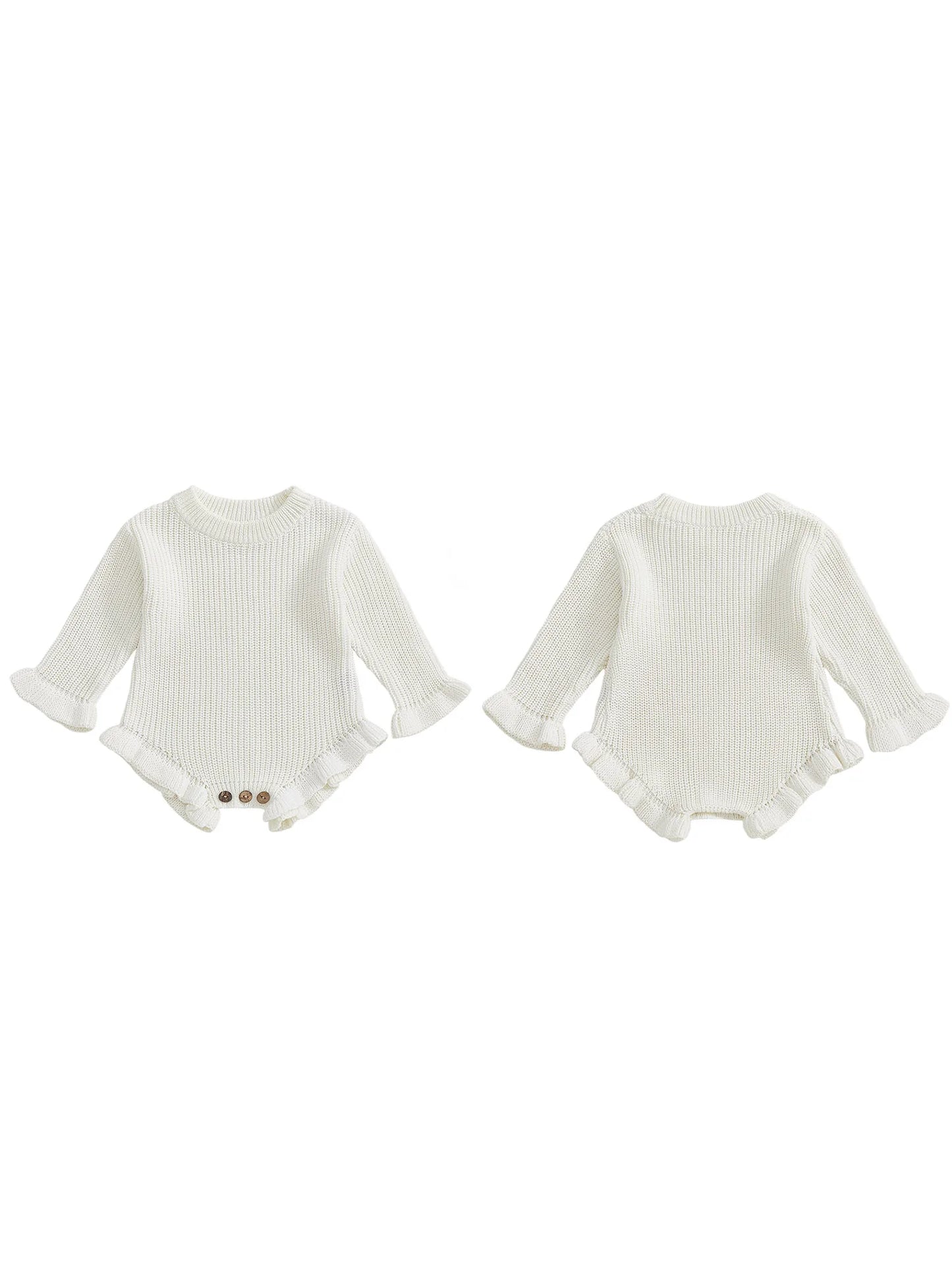 Newborn Baby Knit Romper - Long Sleeve Round Neck Ruffled Sweater Jumpsuit