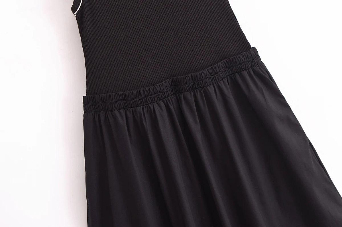 Women's Slim Fit Splicing Round Neck Medium Length Sleeveless Dress