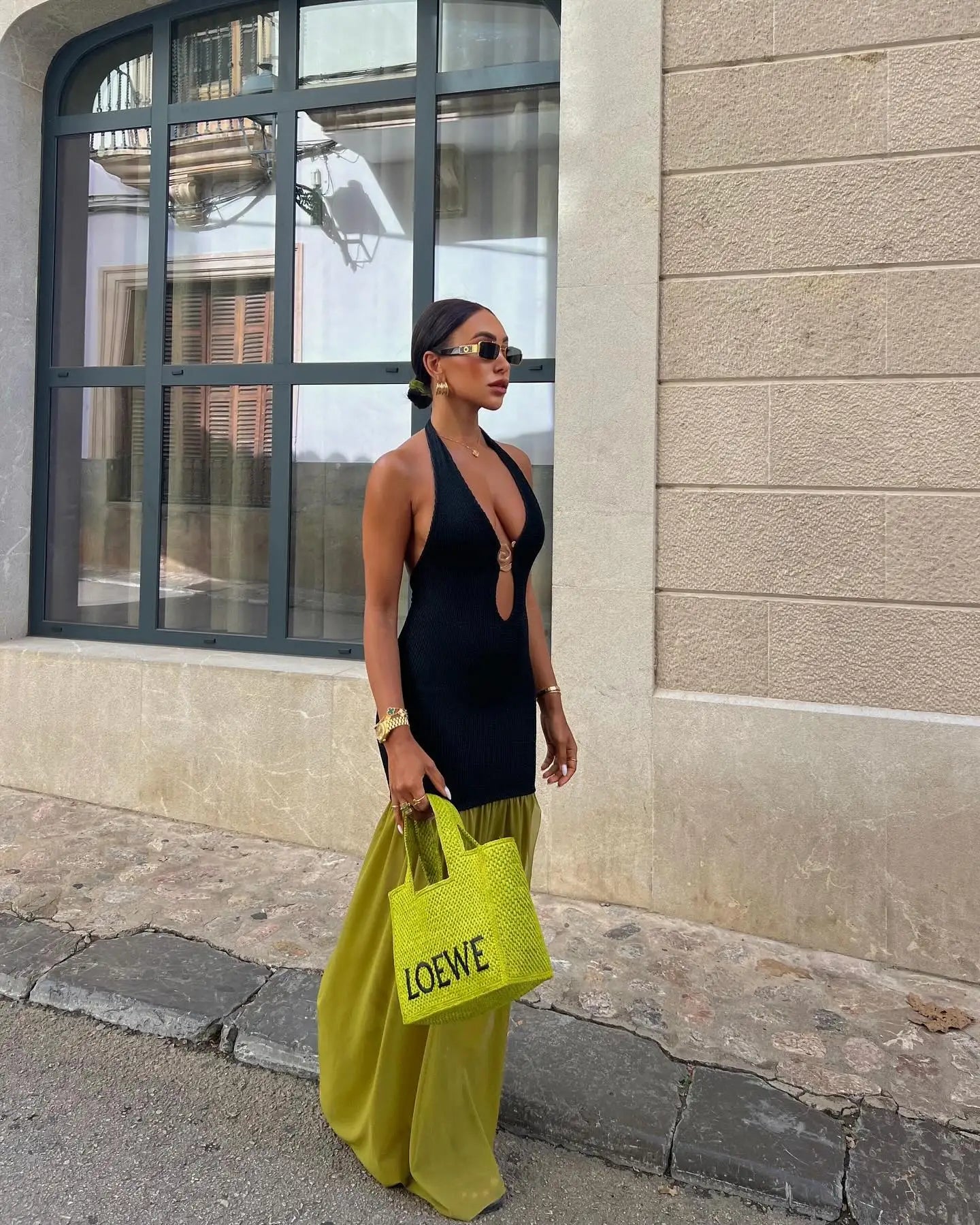 Women’s Chiffon Metallic Ruched Patchwork Cut Out V Neck Backless Halter Casual Column Sleeveless Summer Dress