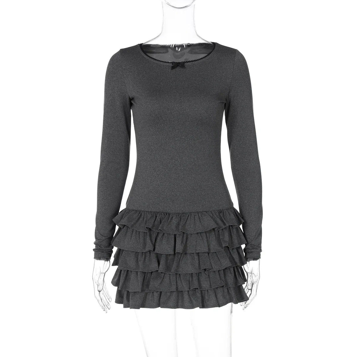 Women's Ruffled Mini Round Neck Bows Frill Long Sleeve Casual Party Dress