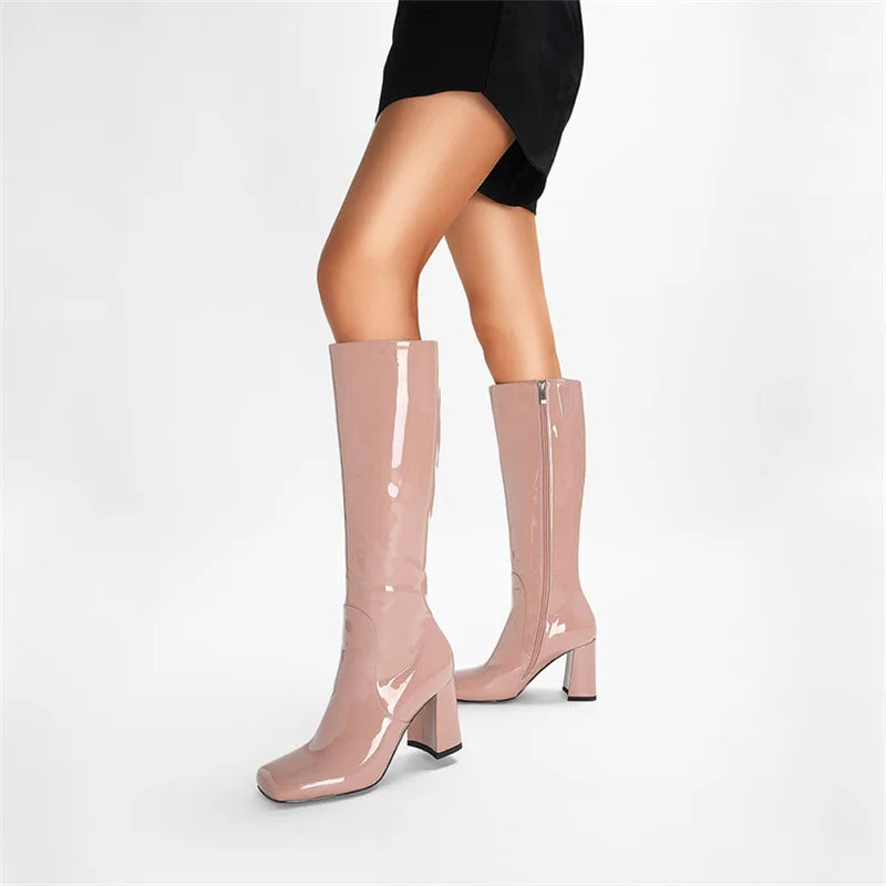 Women's Patent Leather 7cm Thick Heel Knee Side Zipper Boots