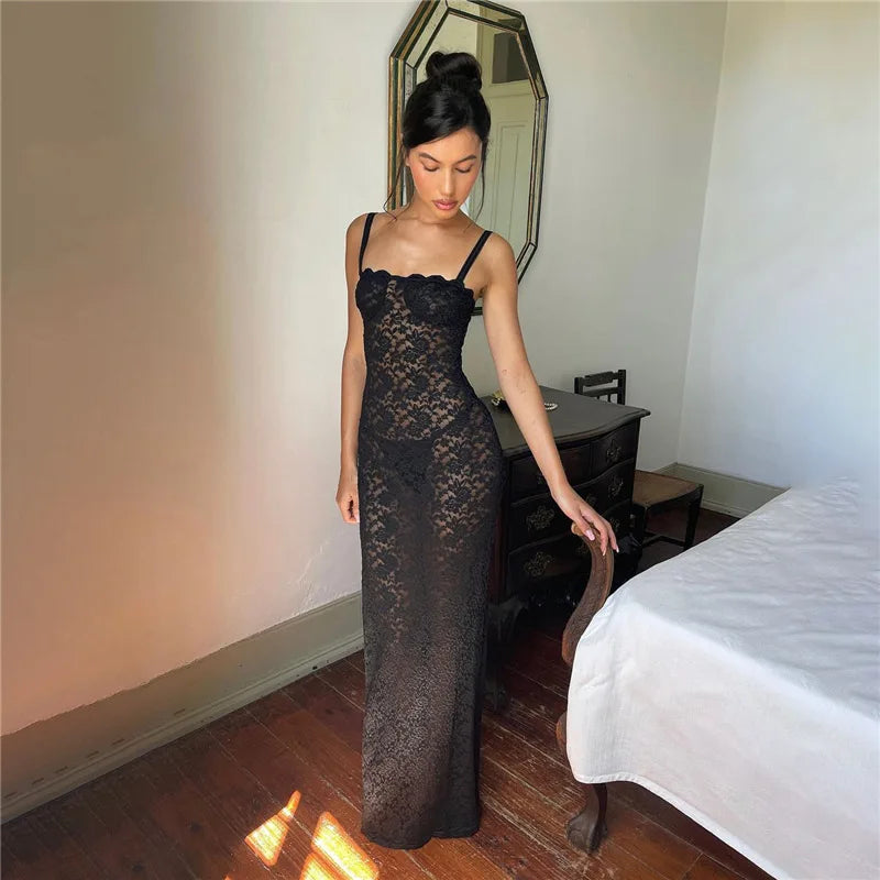 Women's Hollow Out Transparent Lace Maxi Dress - Split Backless Sleeveless Dress Outfit