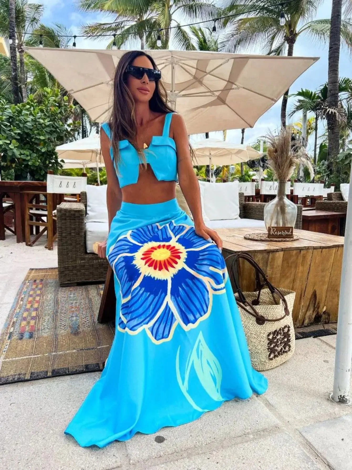 Women's Print Two-piece Skirt Set - Halter Straps Tube Top and Beach Skirt Set