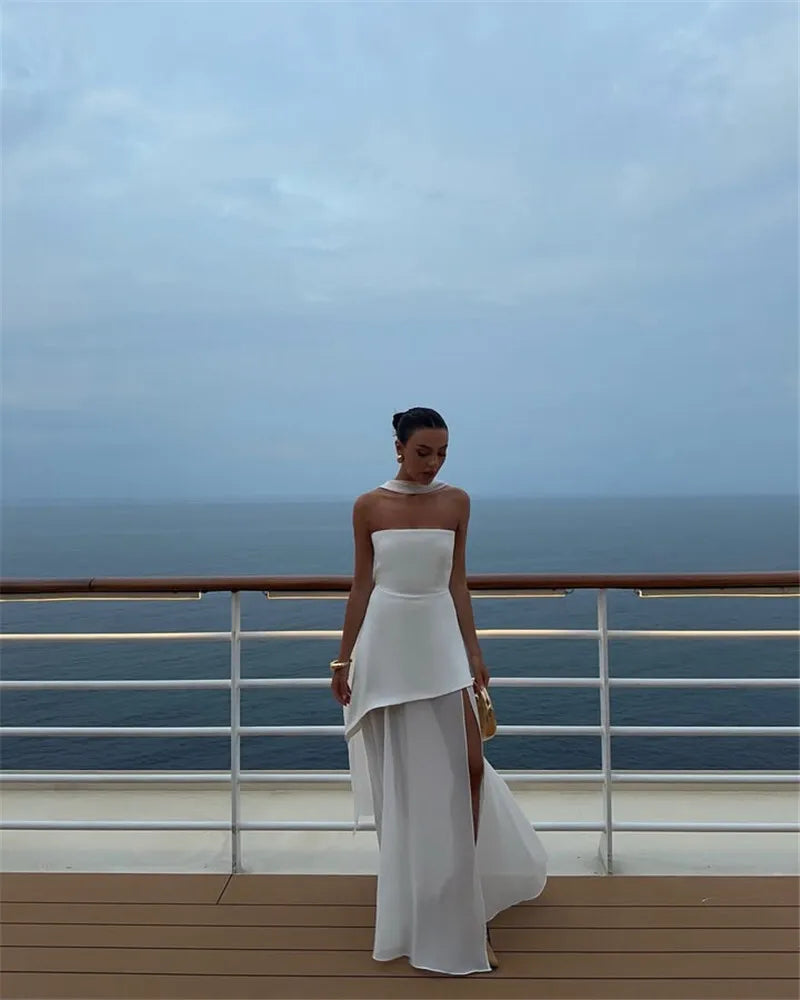 Women's Elegant Strapless Maxi Gown With Scarf Off-shoulder Sleeveless Backless Split Beach Long Dress