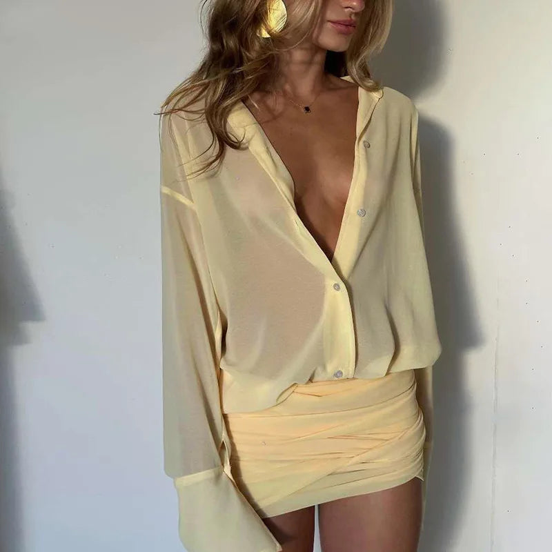 Women's See Through Shirt Mini Dress Flare Sleeve Party Bandage Ruched Lapel Dresses Outfit
