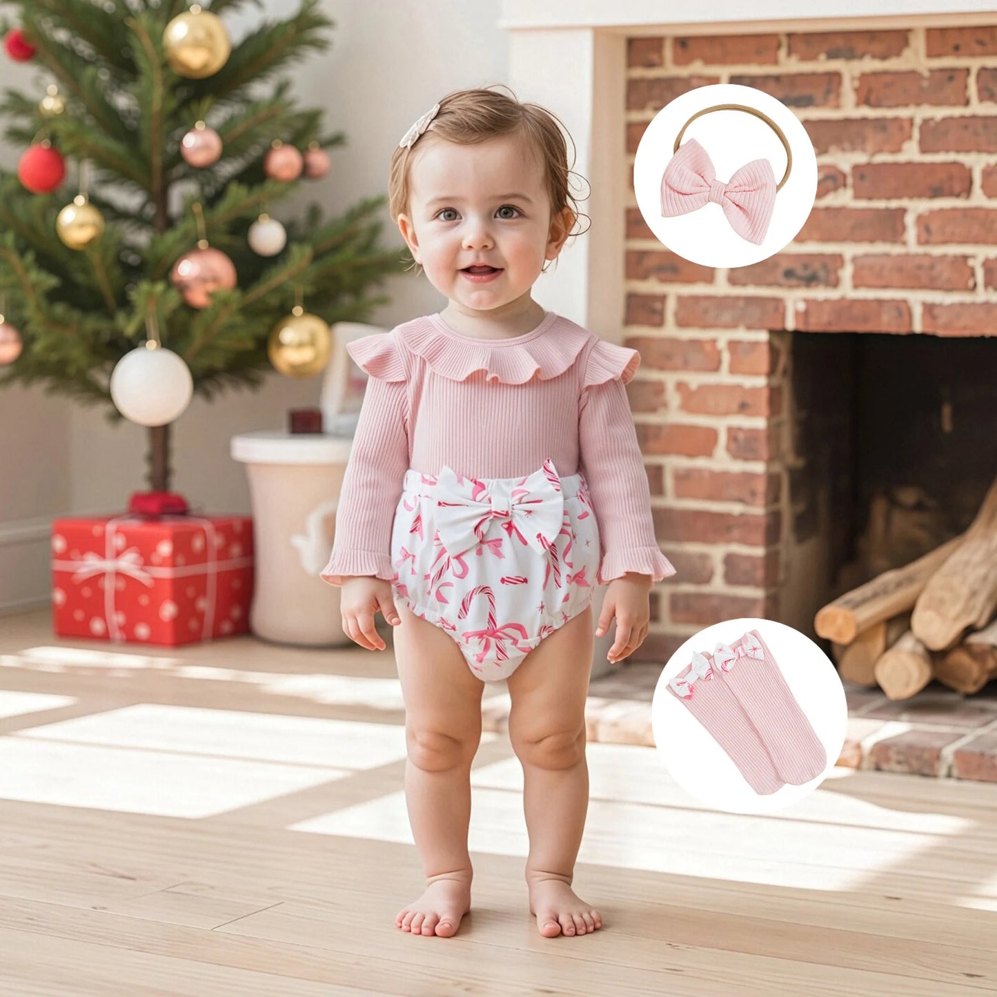 Baby Girls Christmas Romper Set - Santa Tree Bow Print Long Sleeve Ruffle Jumpsuit with Headband & Socks