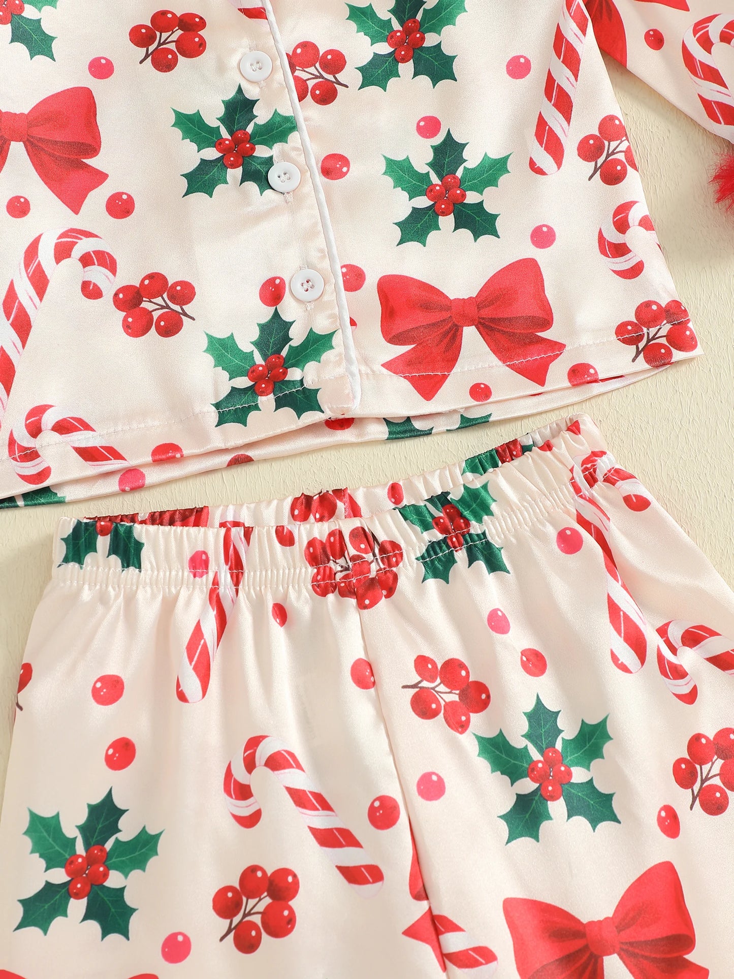 Kids Girls Christmas Satin Pyjamas Set - Candy Cane Bow Print Button Down Top & Pants (0-7Y)