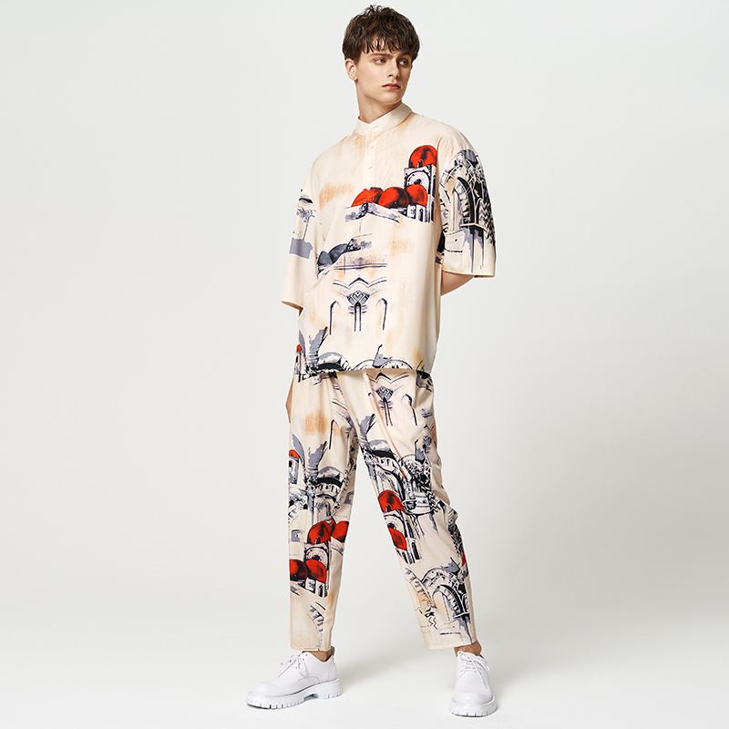 Men's Loose Stand Collar Half Sleeve Shirt and Elastic Waist Pants 2Pcs Causal Suit S-5XL