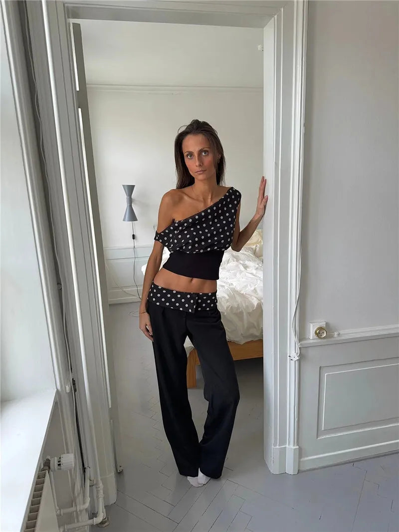 Women's Backless Polka Dot Crop Top Summer New Oblique Shoulder Sleeveless Tank Top