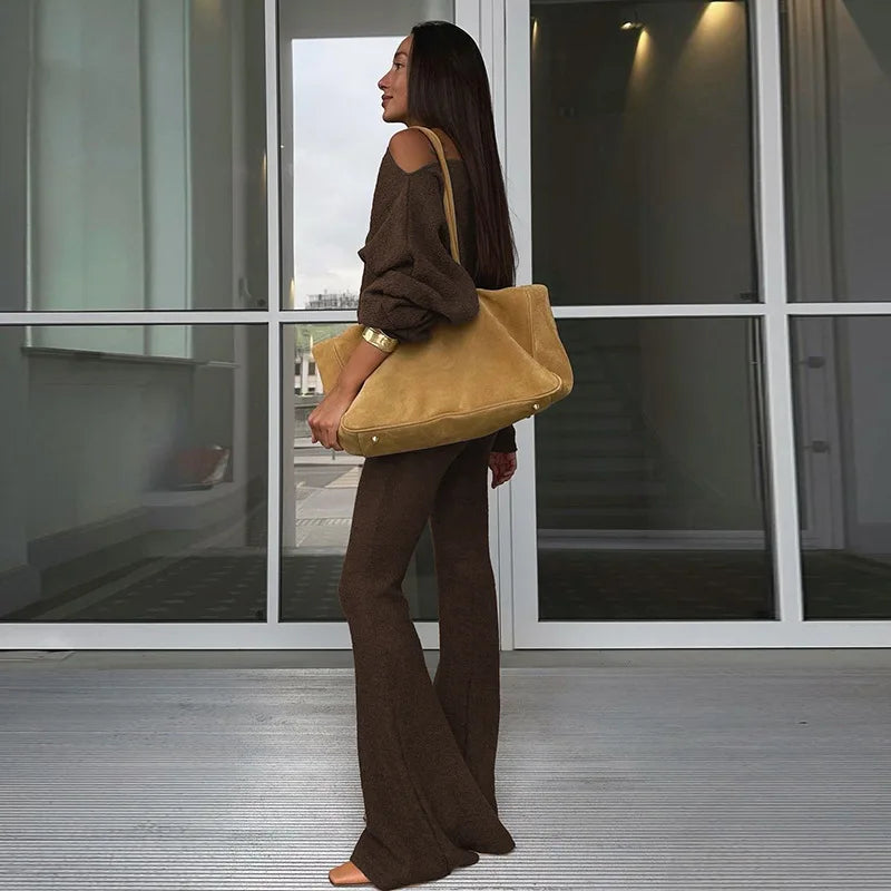 Women's Two Piece Set Asymmetrical Top and Flare Pant Matching Loungewear Set
