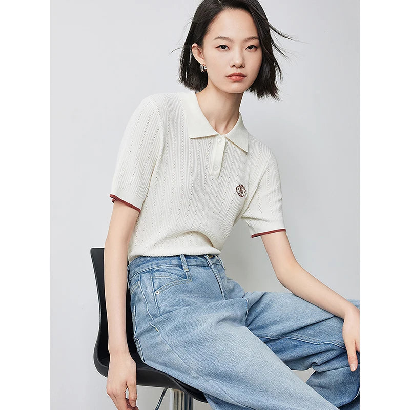 Women's Knitwear Contrast Color Hollow Out Polo Neck Short Sleeve Shirt
