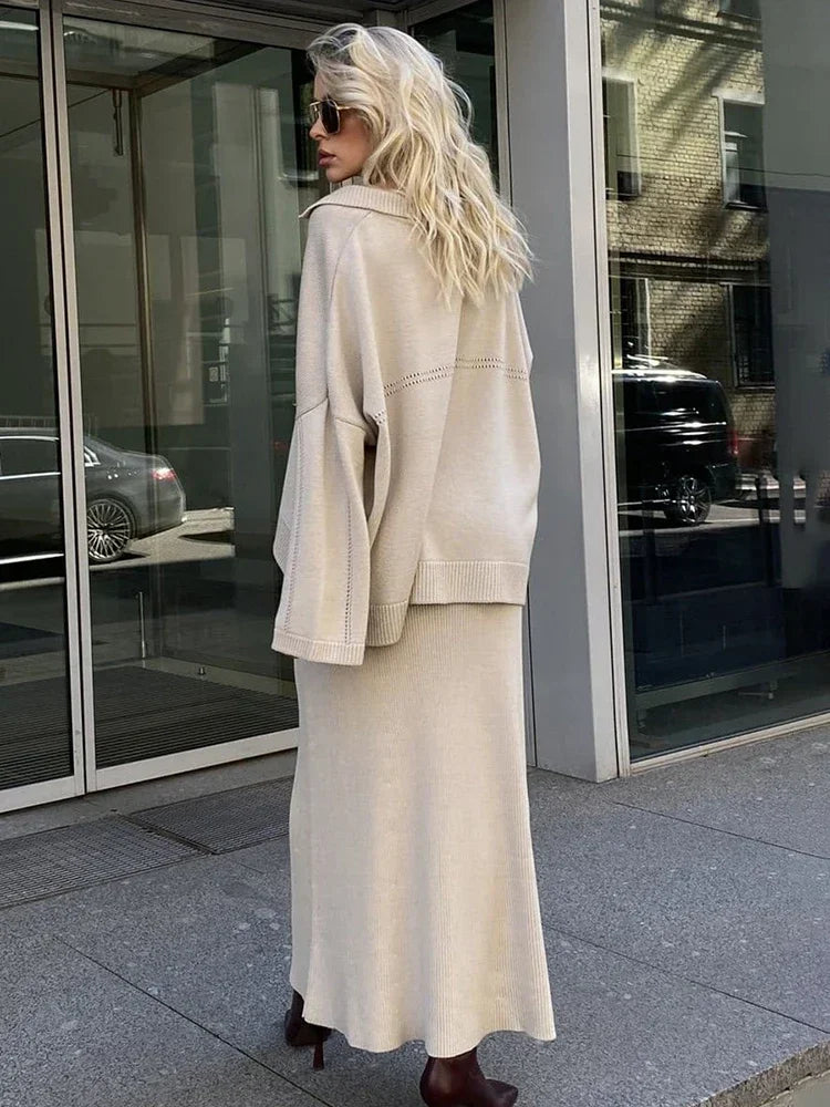 Women's Loose Sweater V-Neck Knit Pullover Top and Long High Waist Skirt 2 Piece Set