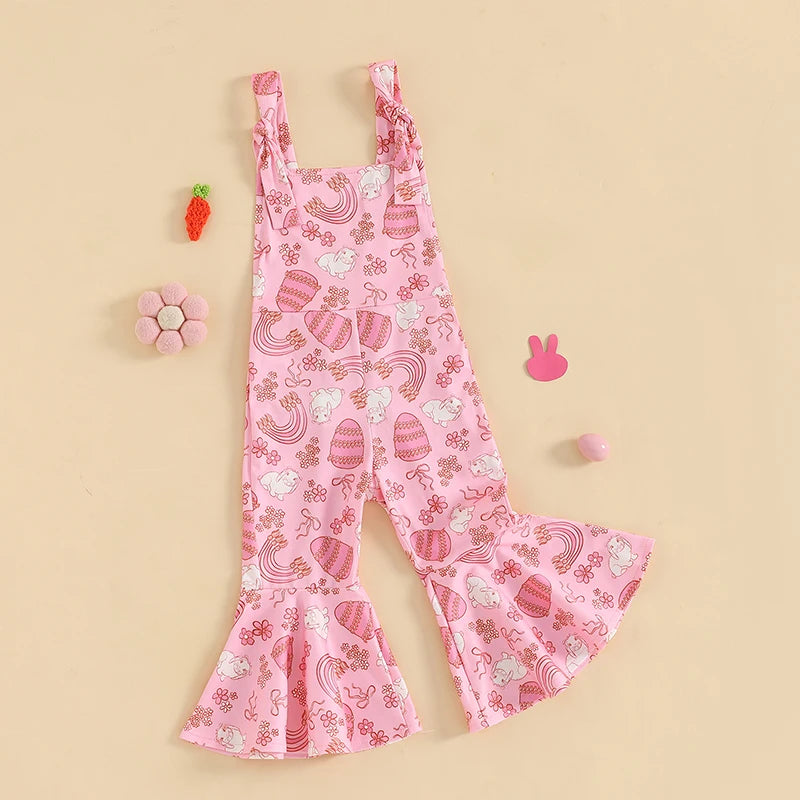Girls' Easter Romper Pants - Sleeveless Floral Rabbit Print Suspender Jumpsuit