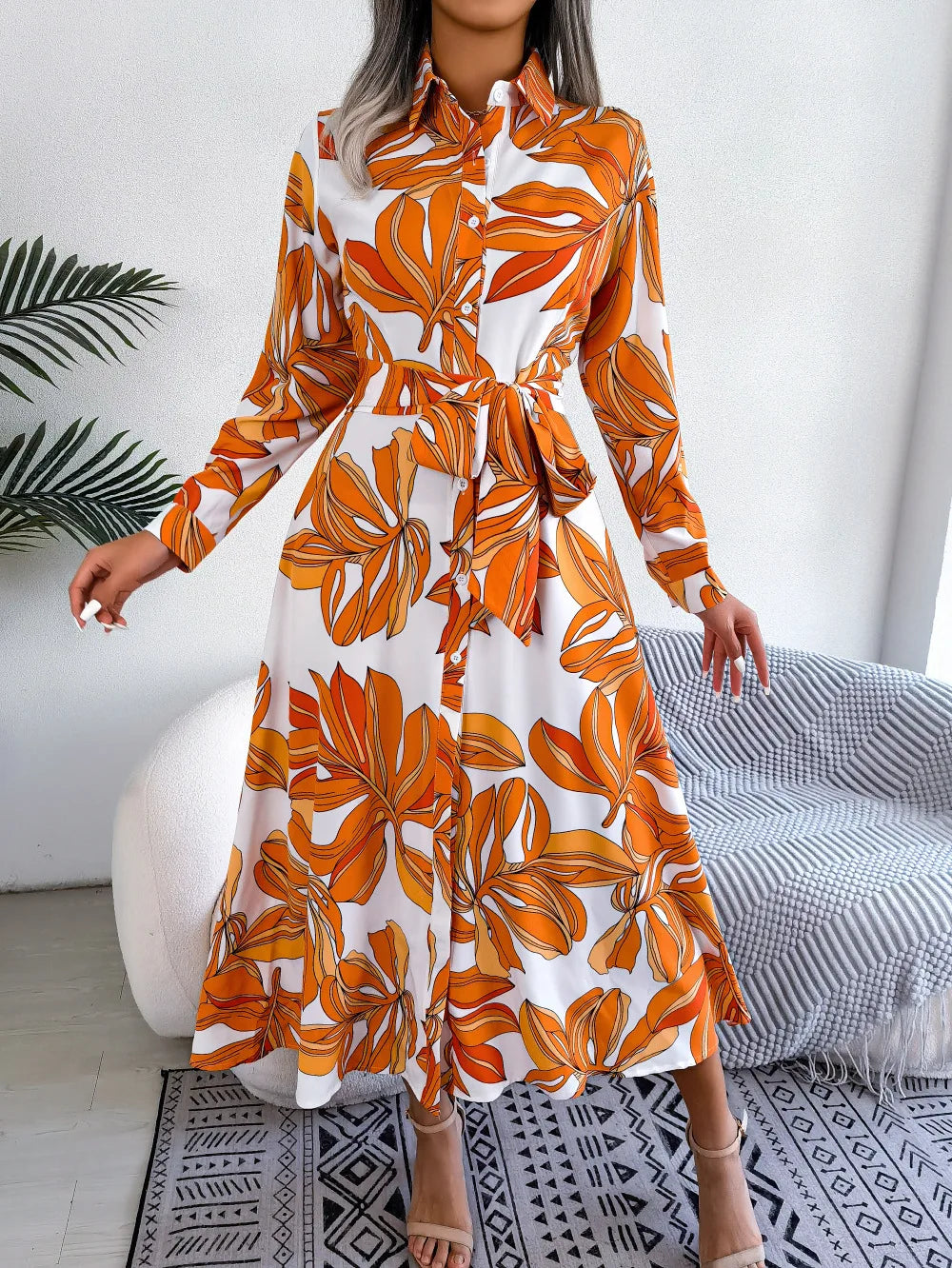 Women's Spring Summer Contrast Floral Polo Collar Lace Up Shirt Single Breasted Long Dress