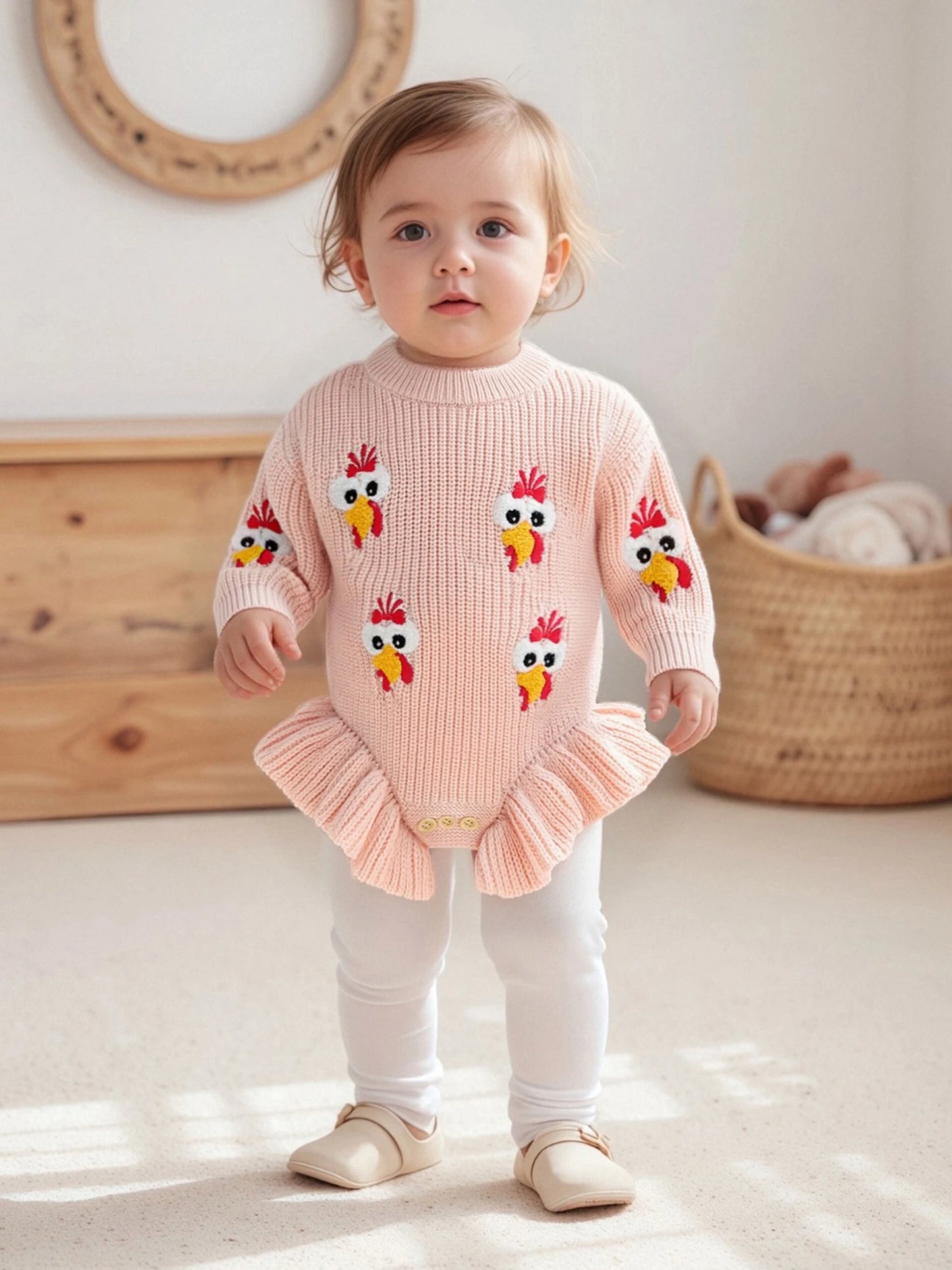 Baby Thanksgiving Knit Romper - Turkey Embroidery Long Sleeve Ruffle Bodysuit Sweater