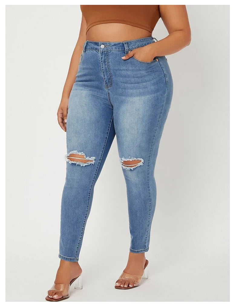 Women's Plus Size Ripped High Waist Stretchy Denim Jeans
