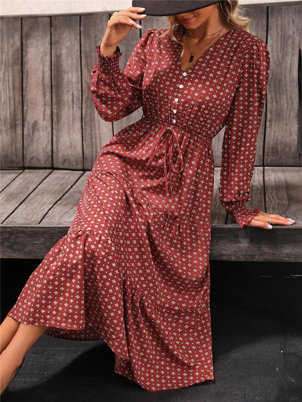 Women's Autumn Winter Long Sleeve Print V-neck Chiffon A-Line Knee Length High Waist Dress