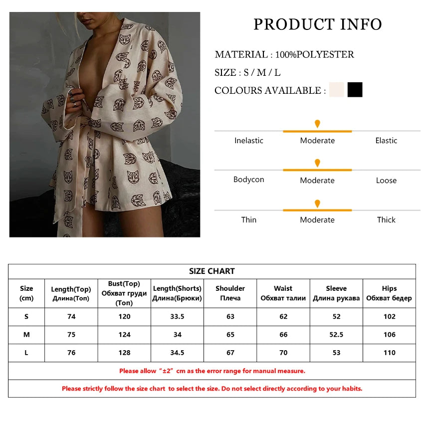Women's Casual Print Pyjamas Lace-Up Long Sleeve Robes Shorts Sleepwear Set