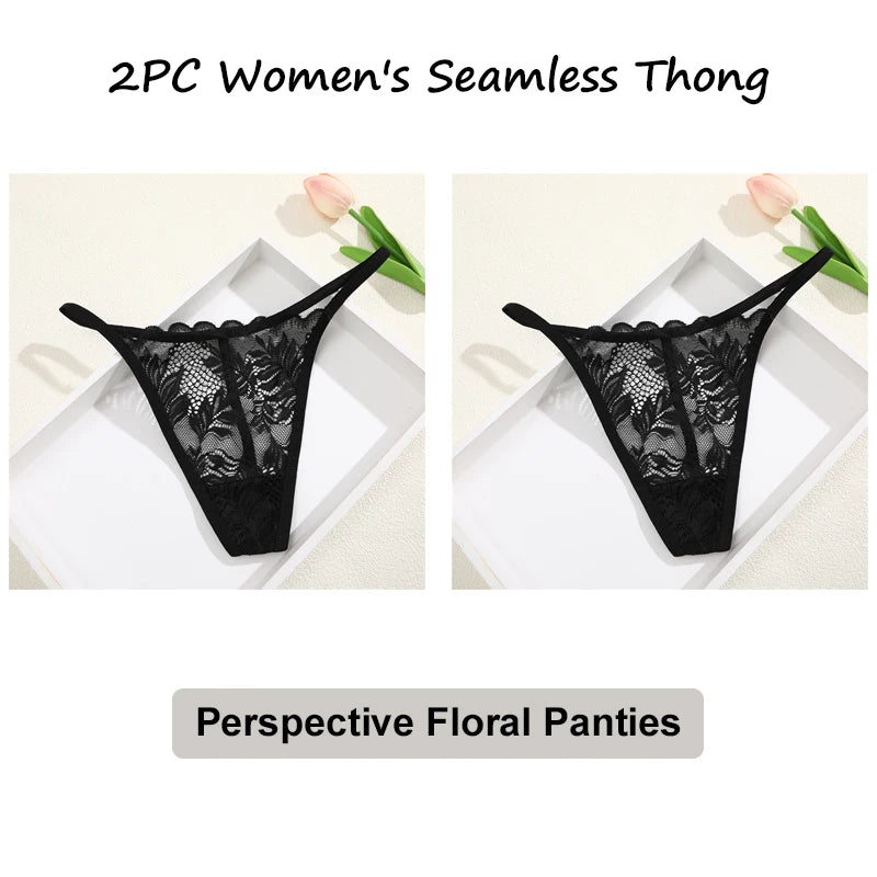 Floral Lace Thong Underwear - Low Waist Transparent Briefs for Women