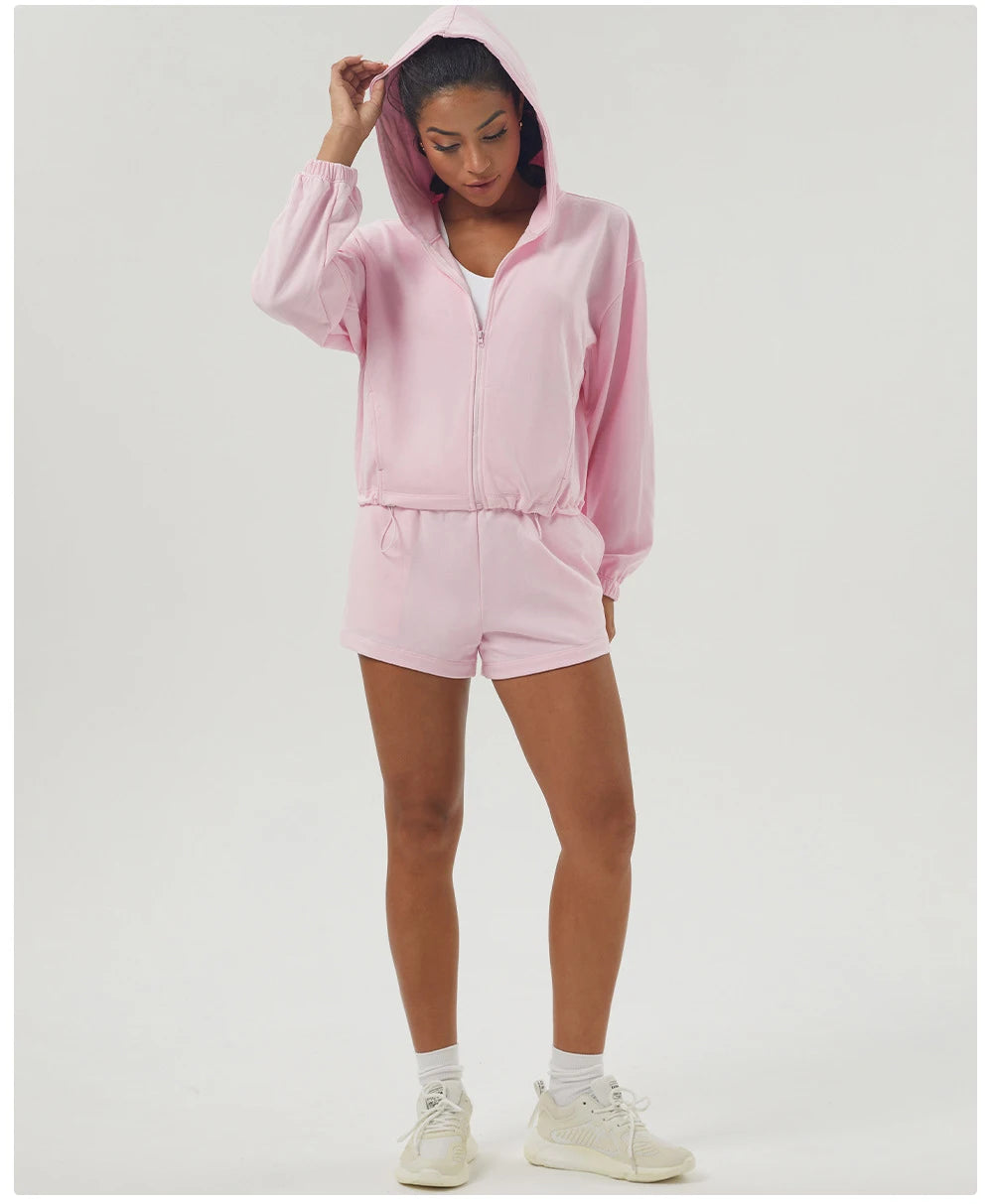 Women's Gym Running Suit Breathable Two Pieces Fitness Yoga Set Long Sleeve Hoodie Shorts Workout Sportswear
