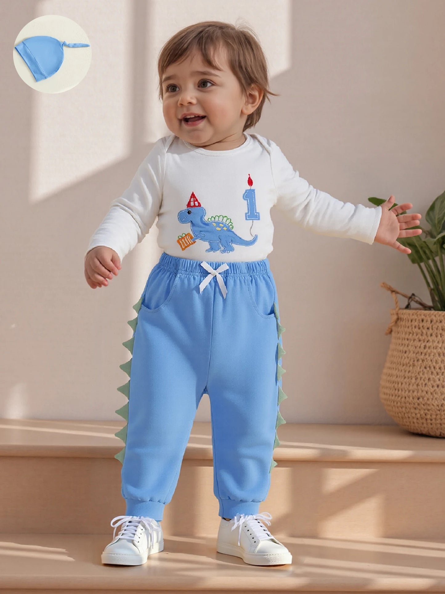 Newborn Baby Boys Birthday Clothing Set - Dinosaur Embroidery Romper, Pants & Hat 3-Piece (0-18M)