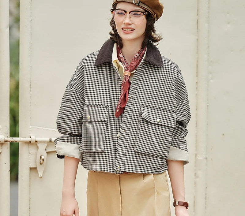 Women's Cropped Plaid Jacket - Turn Collar Loose Fit Autumn Fashion Coat